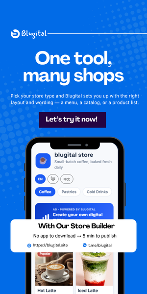 Blugital ប្រែក្លាយម៉ឺនុយហាងកាហ្វេ កាតាឡុកហាង ឬហាងអនឡាញ ឲ្យក្លាយជាទំព័រទូរស័ព្ទស្អាត ភ្ជាប់ជាមួយកូដ QR — ចាប់ផ្តើមឥតគិតថ្លៃ ជាភាសារបស់អតិថិជនអ្នក ត្រៀមរួចសម្រាប់គ្រប់តុ។